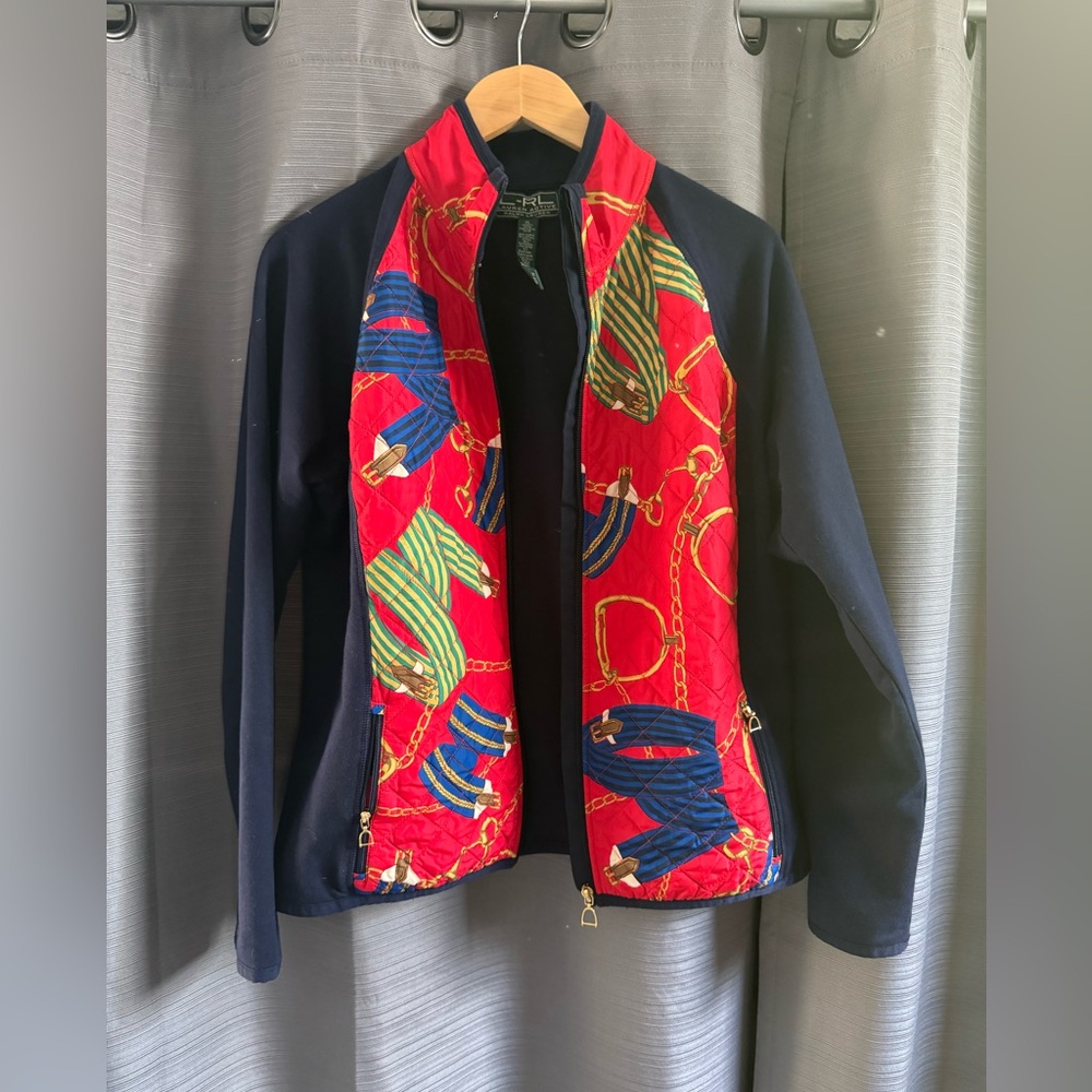 Ralph Lauren Active Navy Jacket with Red Equestrian Print Quilted Front Panels